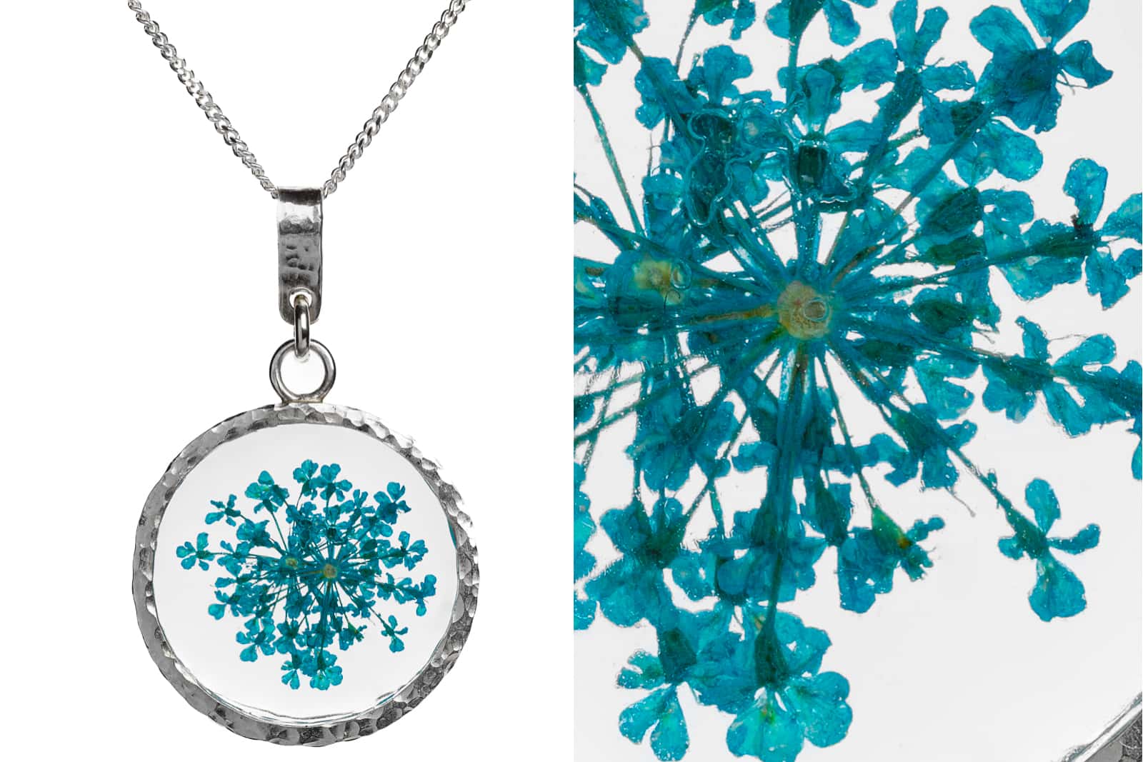 necklace2_SPL close up of necklace with blue flower petals set in resin