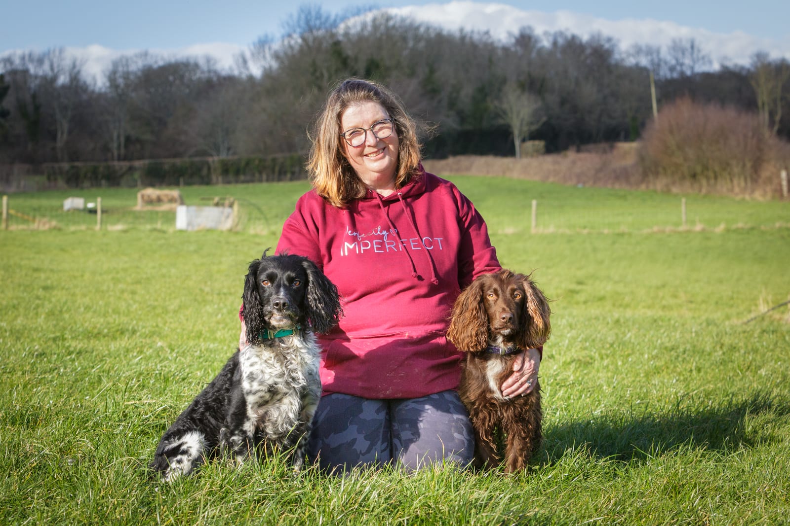 working dog trainer with black and white cocker spaniel and brown cocker spaniel in training field