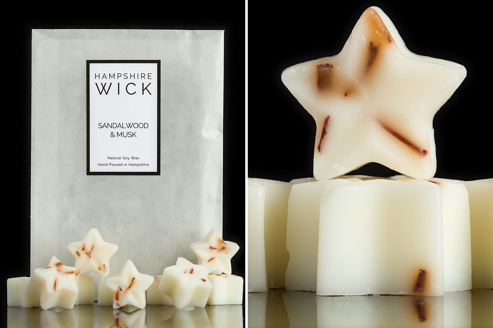 close up of sandalwood and musk wax candle melts
