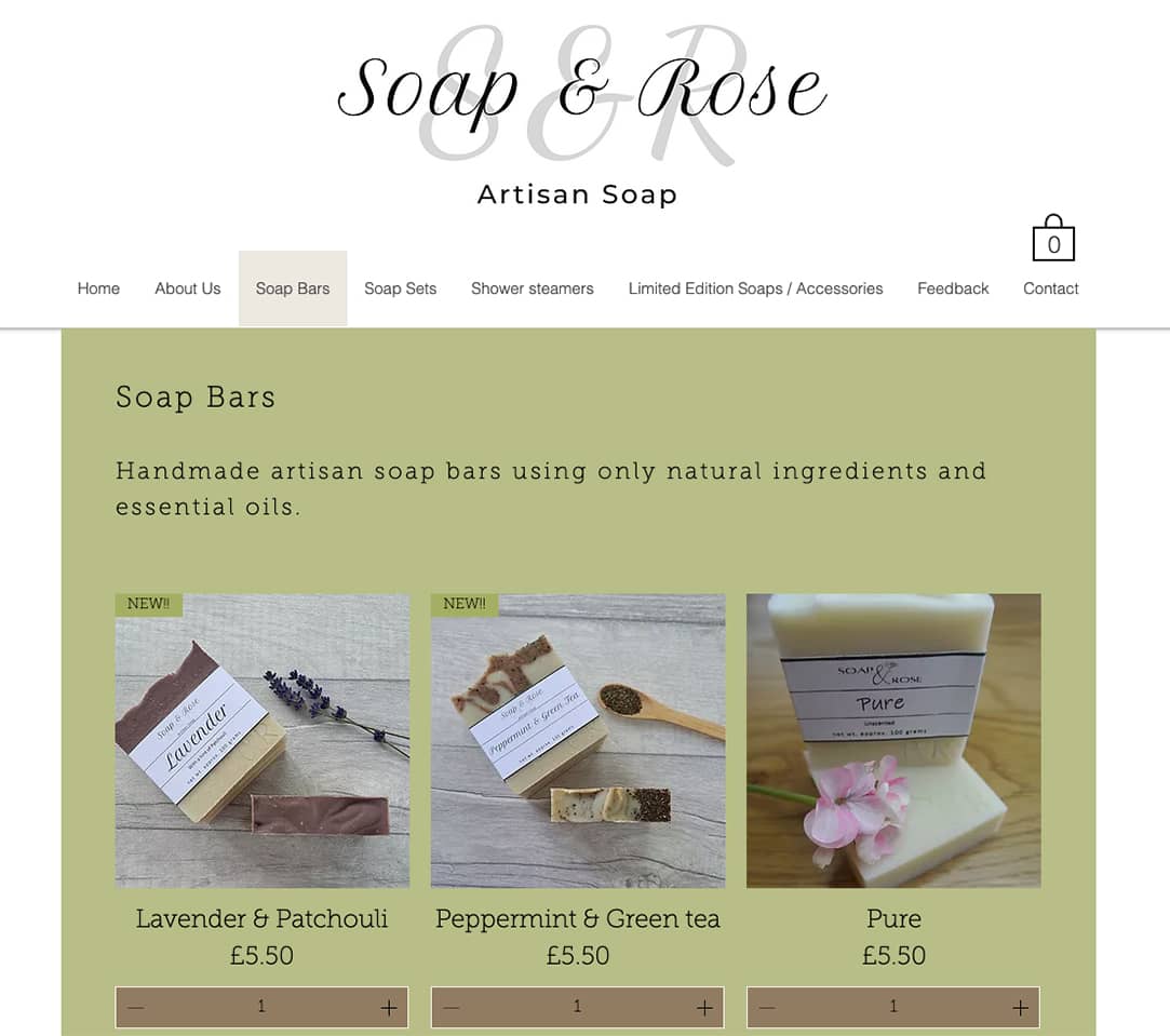 soap and rose website shop page