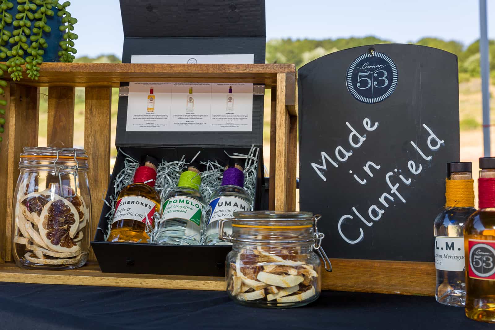 south-downs-craft-fair-corner-53-gin-display-SPL bottles of hand crafted gin on display at the 2022 south downs show
