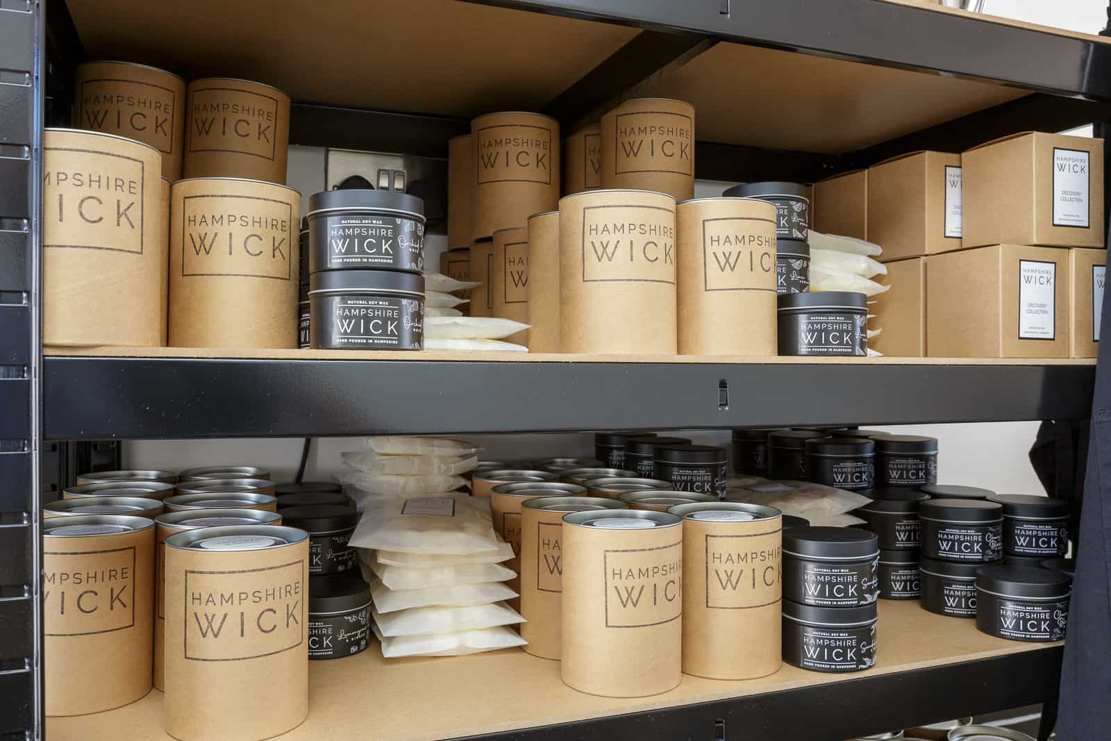 hampshire wick supplies stored on shelves in workshop