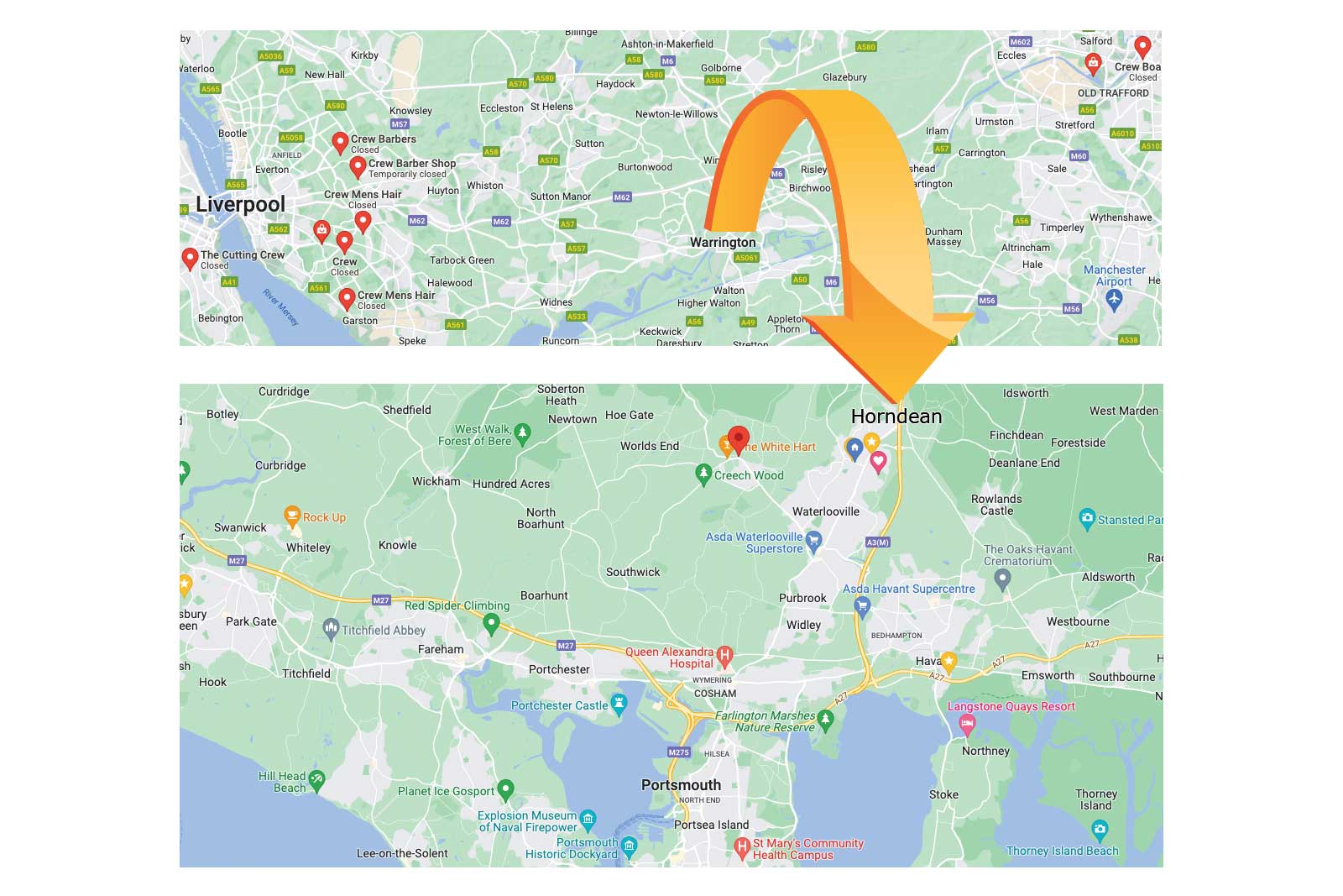 warrington-to-horndean-map arrow showing travel from warrington to horndean map