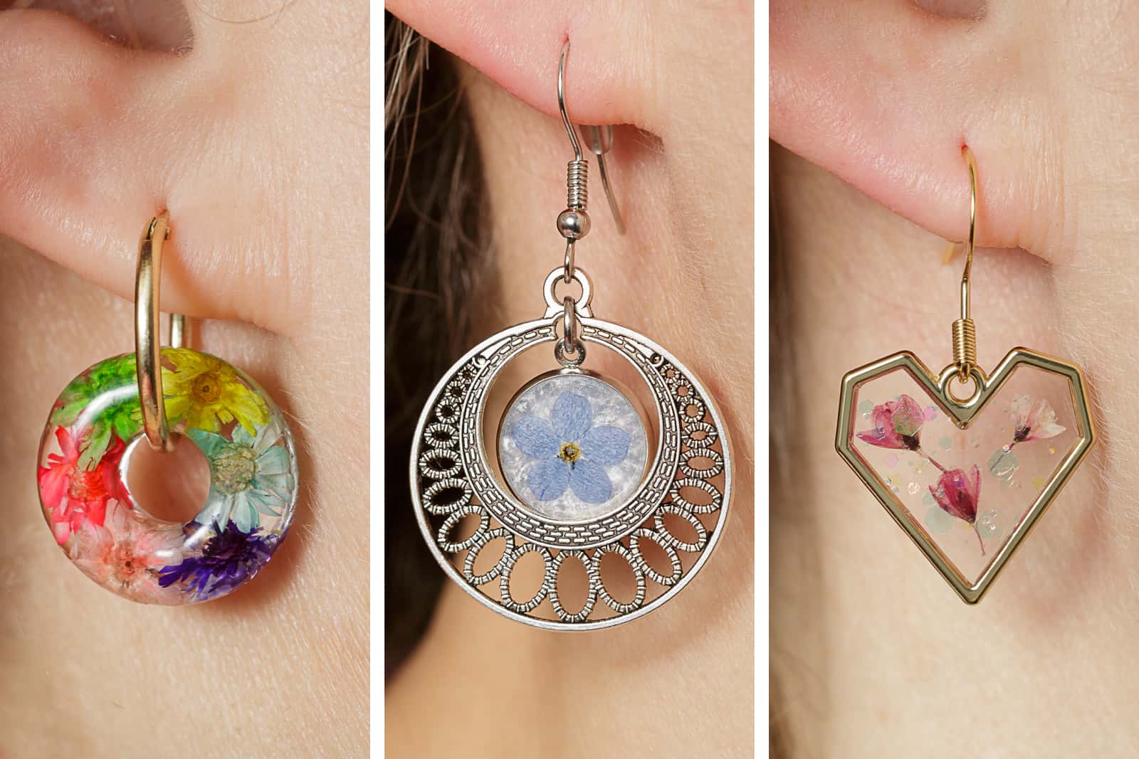 close up of resin earrings being worn